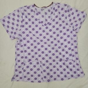 Divine stretch Women's 2X Purple floral religious Scrub Top #C20